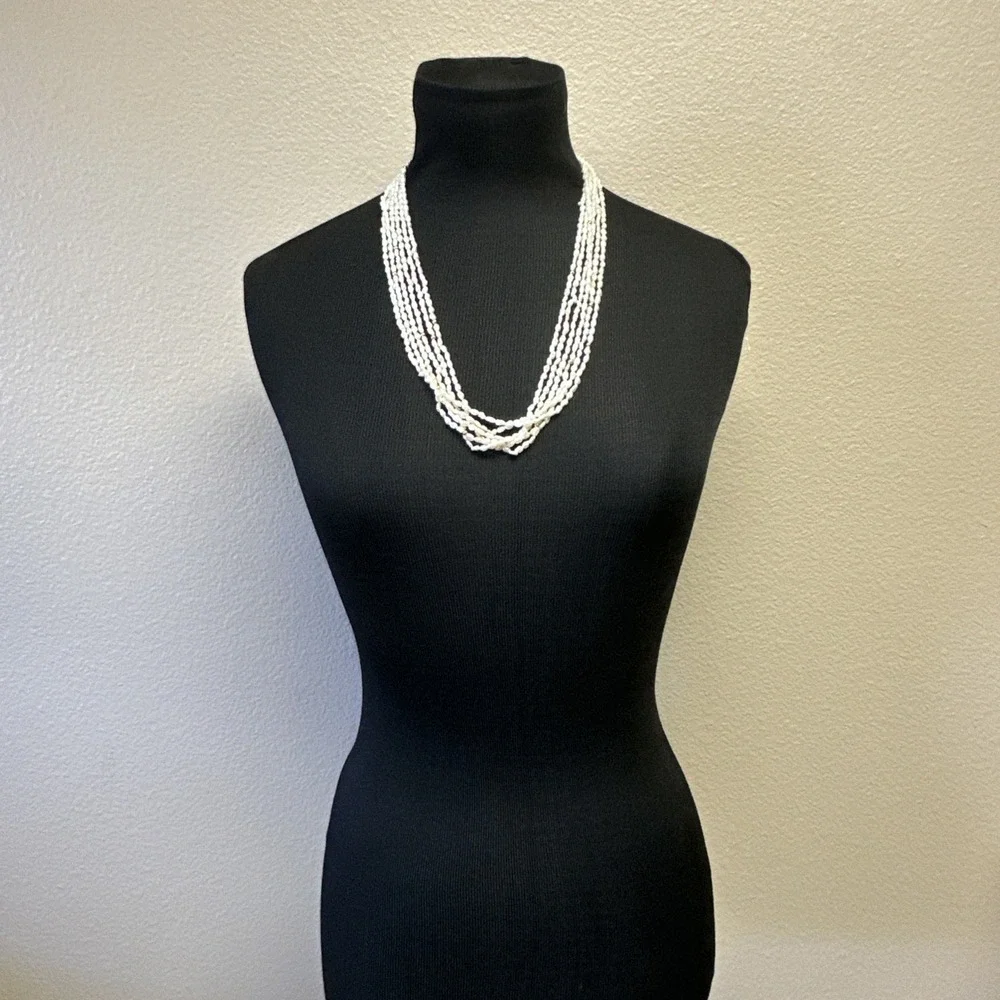 VTG Six Strand Seed Pearl Necklace Gold Tone Clasp Beads Hand Knotted Classic